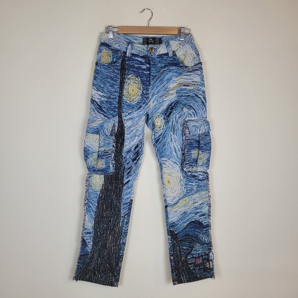 Rebel Vengeance Pants Mens 28 Starry Night Tapestry Cargo Van Gogh Art Fringe